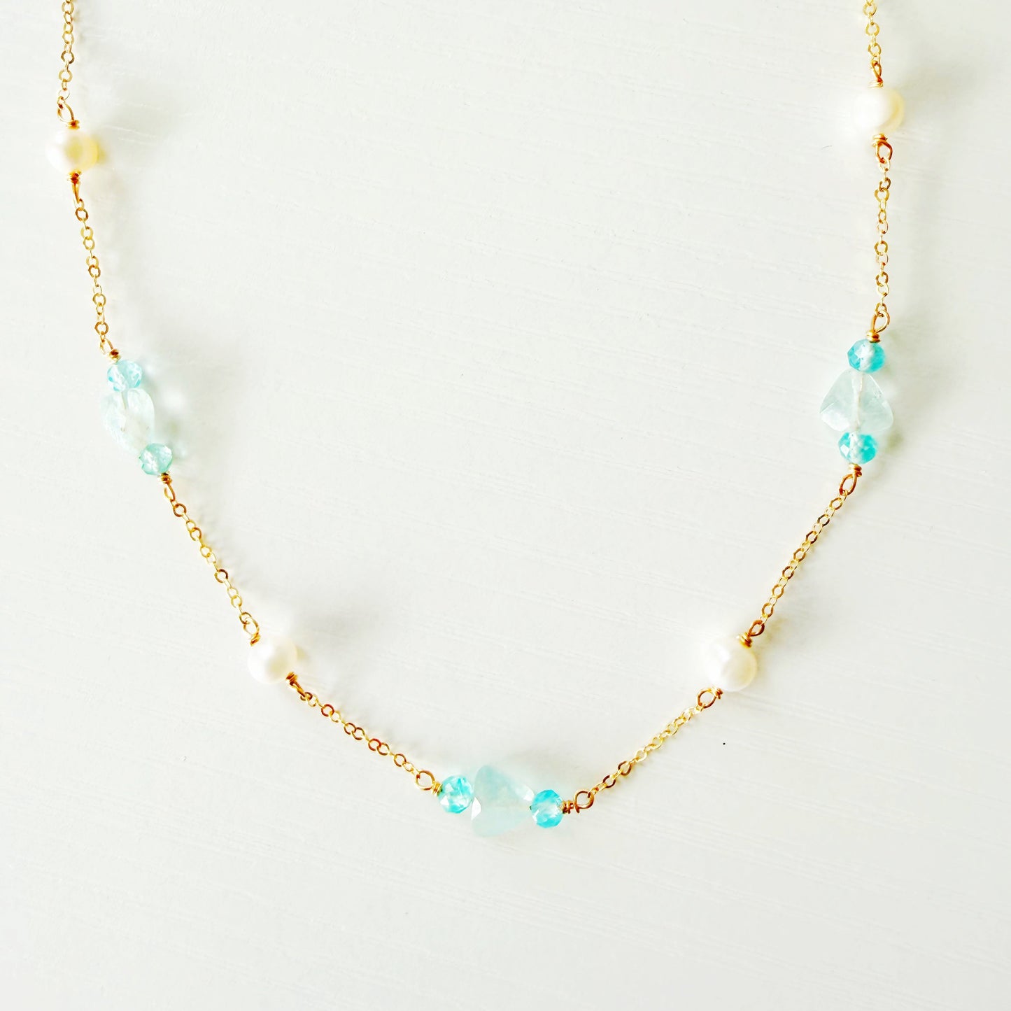 Rogue Wave Necklace - 14k gold filled, aquamarine, apatite, freshwater pearl