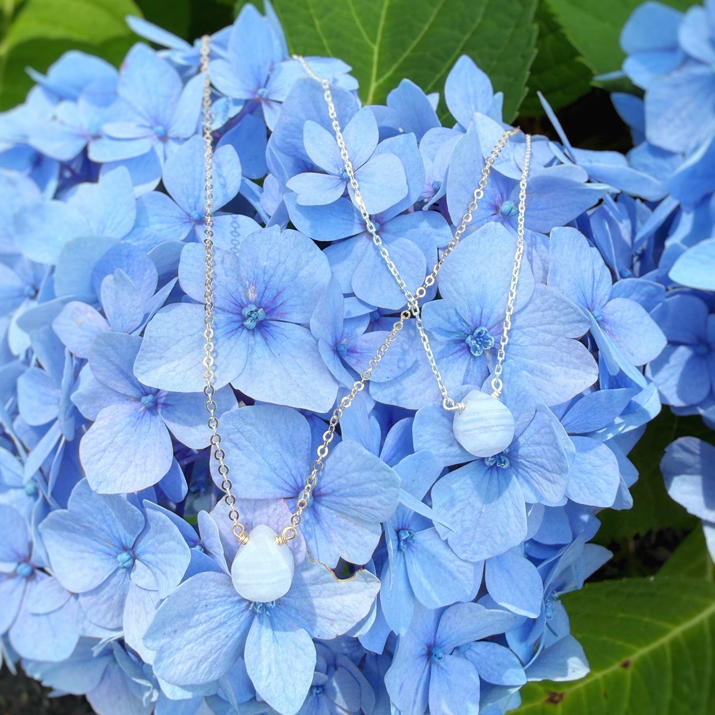 Two delicate silver necklaces with white oval pendants draped over a large blue hydrangea flower head, with green leaves in the background.