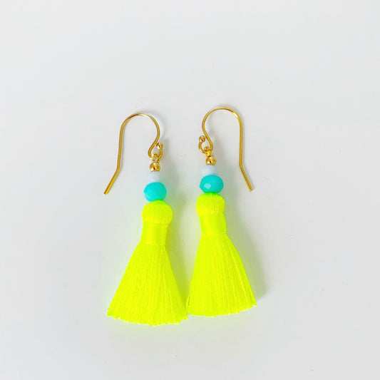 Neon yellow tassel earrings with teal amazonite beads on a white background