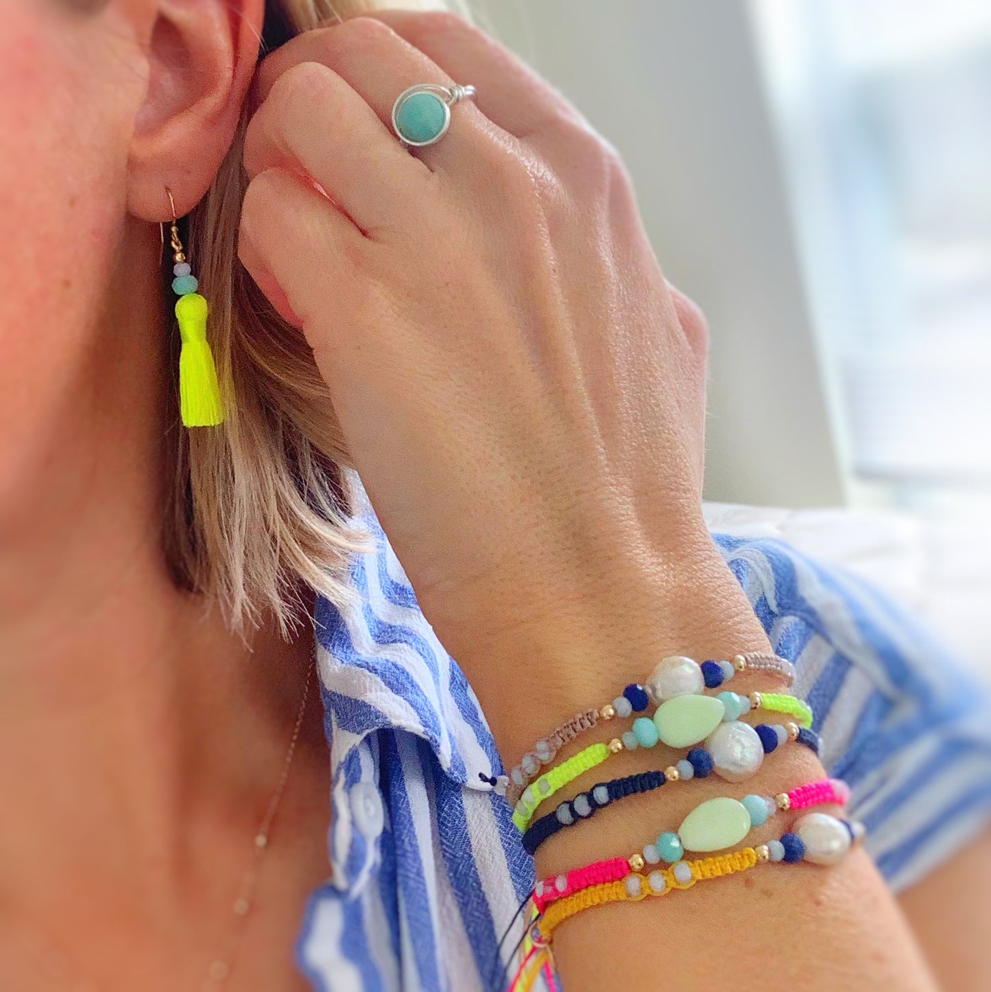 Captiva Sips On the Court Tassel Earrings - 14k gold filled, amazonite, blue lace agate