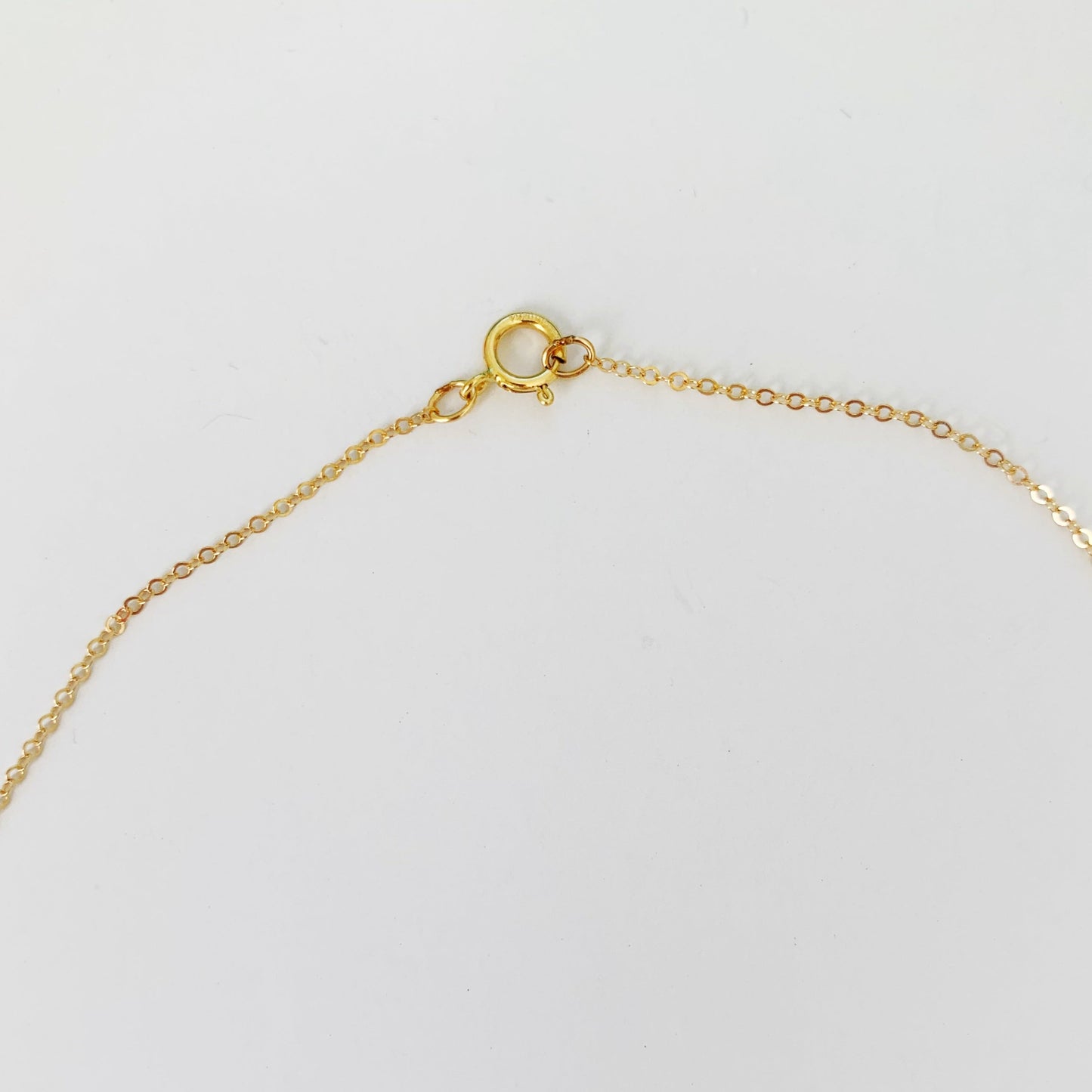 Newport Gala necklace in gold filled has a spring ring clasp as shown here on a white surface