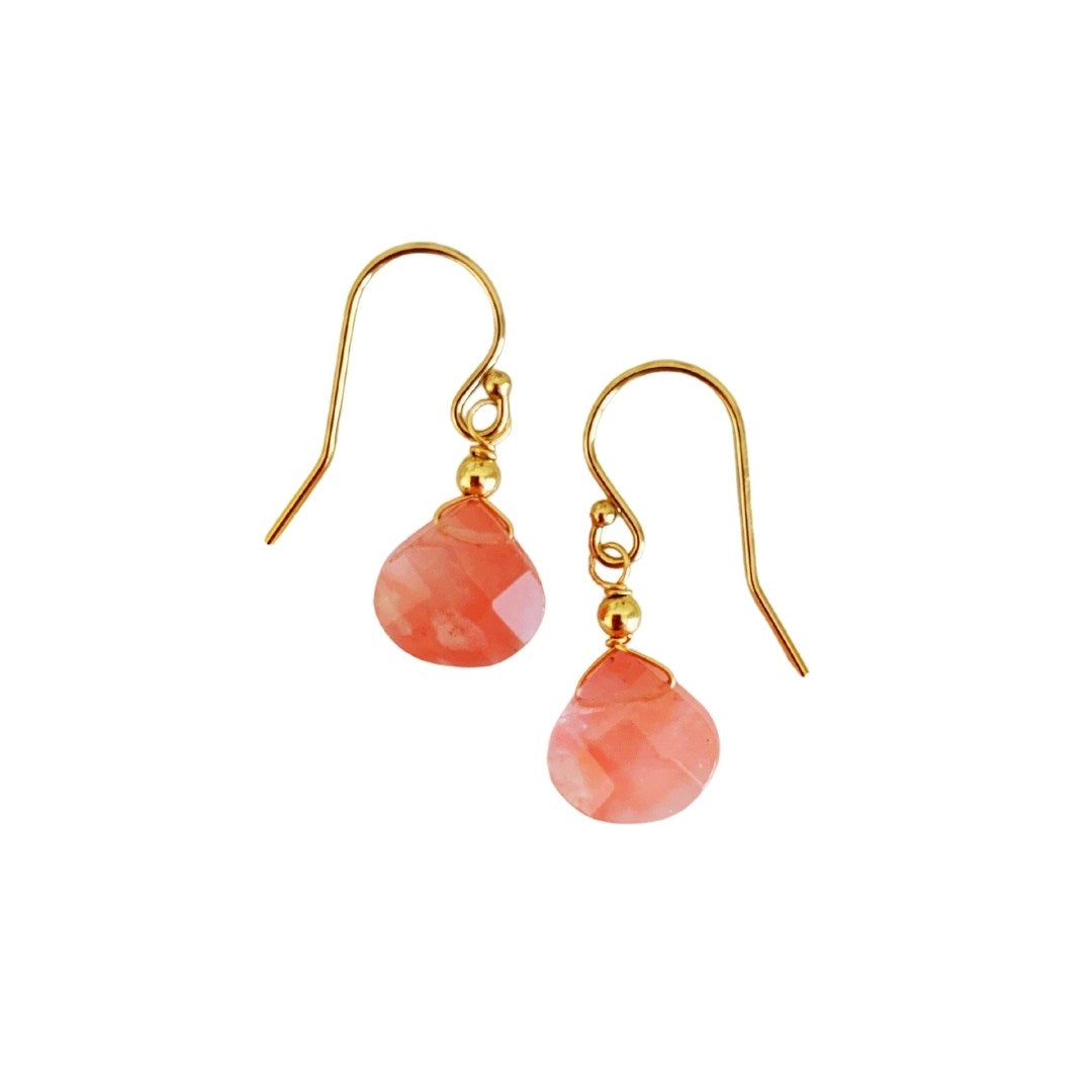 Chatham Earrings by Mermaids and Madeleines feature cherry quartz briolettes and 14k gold filled findings. This pair is pictured with a white background
